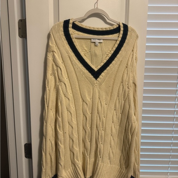Sweaters - Cream Cable-Knit V-Neck Sweater with Navy Trim